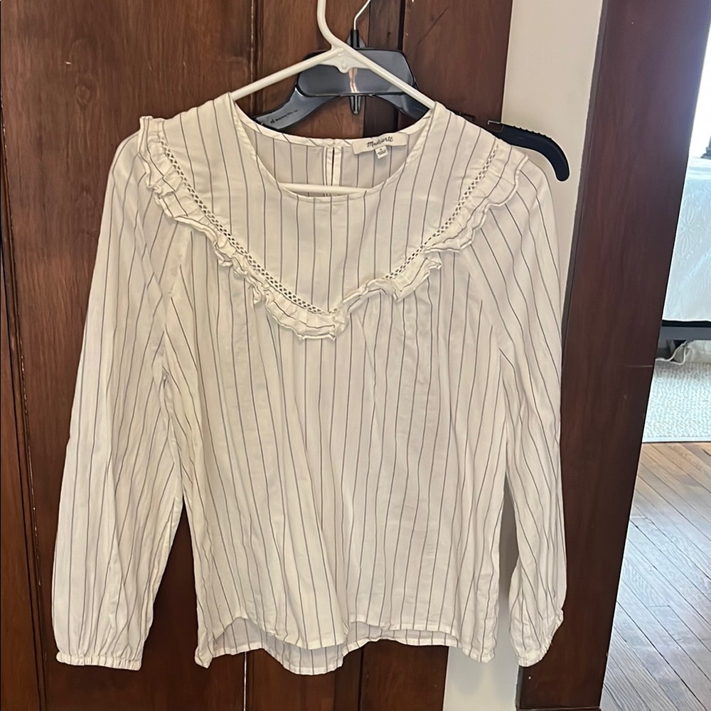 Madewell White Striped Blouse with Lace Trim